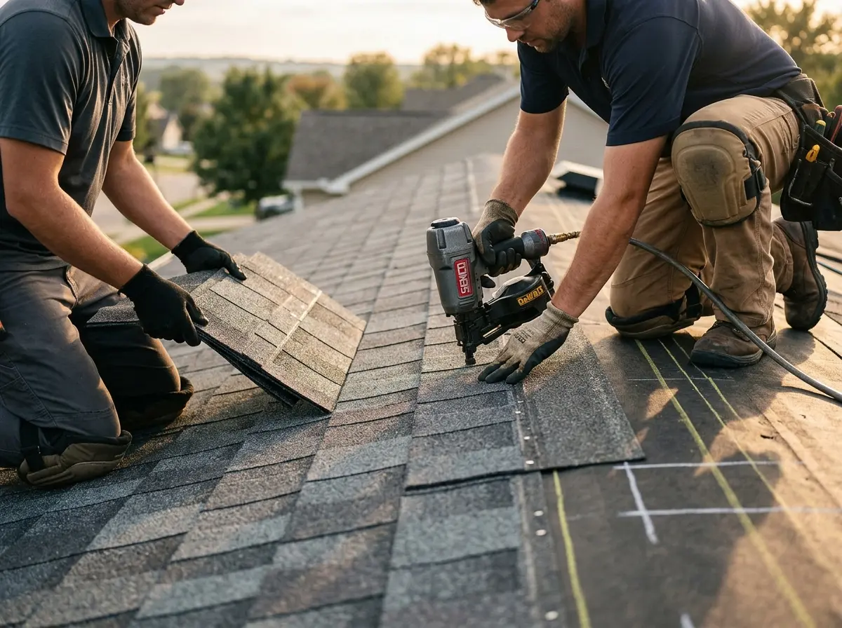 Professional roofer working on a residential roof in Coal City